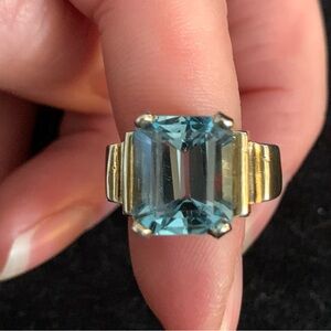 Art Deco Statement 925 Sterling Silver Gold-Plated Blue Topaz Ring, Size 8, 6.3g